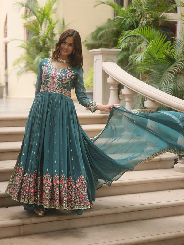 Teal Blue Georgette Sequins Embroidery Work Sharara Suit With Dupatta