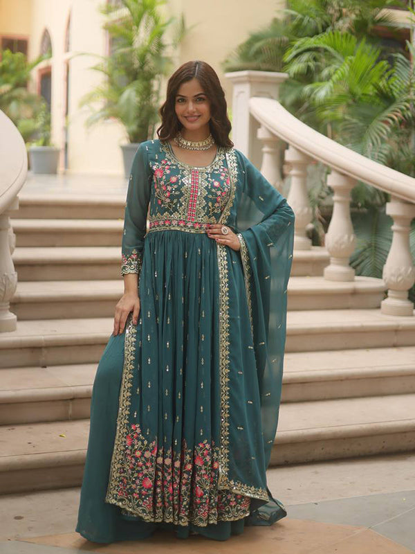 Teal Blue Georgette Sequins Embroidery Work Sharara Suit With Dupatta
