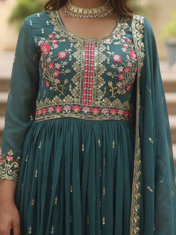 Teal Blue Georgette Sequins Embroidery Work Sharara Suit With Dupatta