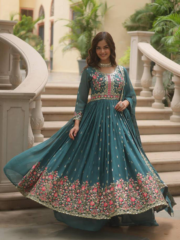 Teal Blue Georgette Sequins Embroidery Work Sharara Suit With Dupatta