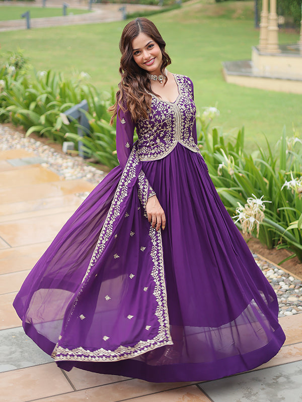 Purple Faux Blooming Rich Sequins Embroidered Gown With Dupatta