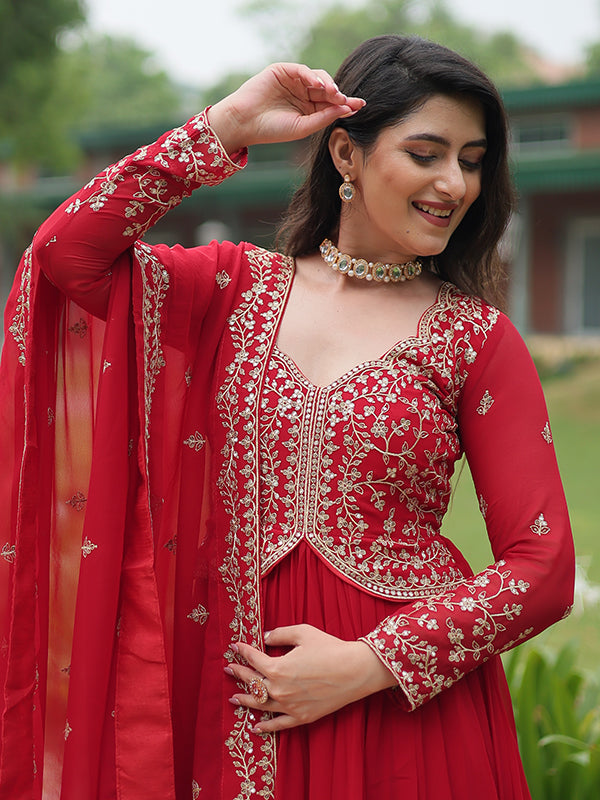 Red Faux Blooming Rich Sequins Embroidered Gown With Dupatta