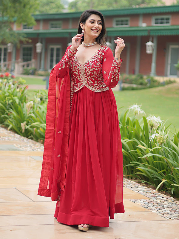 Red Faux Blooming Rich Sequins Embroidered Gown With Dupatta