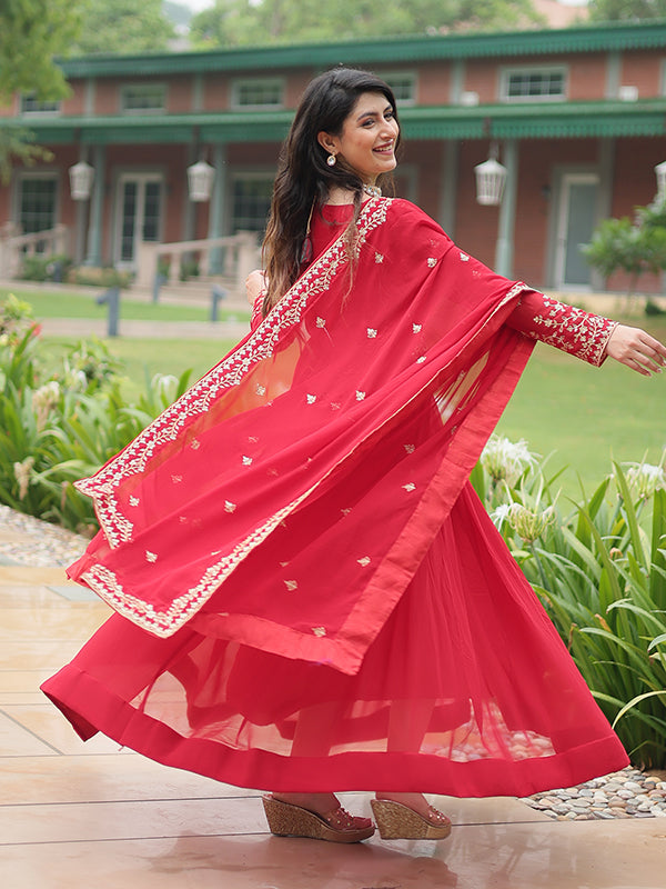 Red Faux Blooming Rich Sequins Embroidered Gown With Dupatta