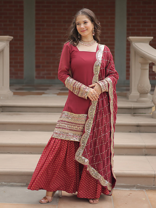 Gajari Faux Georgette Embroidered Kurta With Sharara & Dupatta