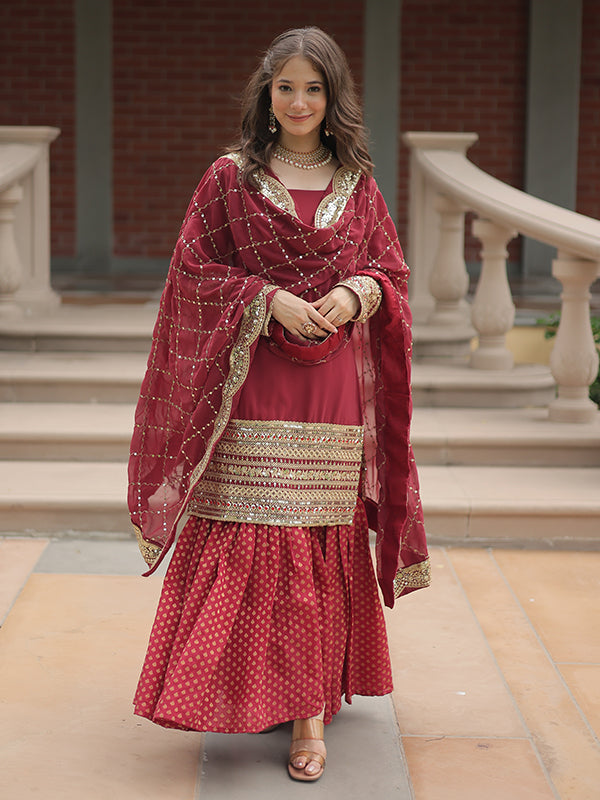 Gajari Faux Georgette Embroidered Kurta With Sharara & Dupatta