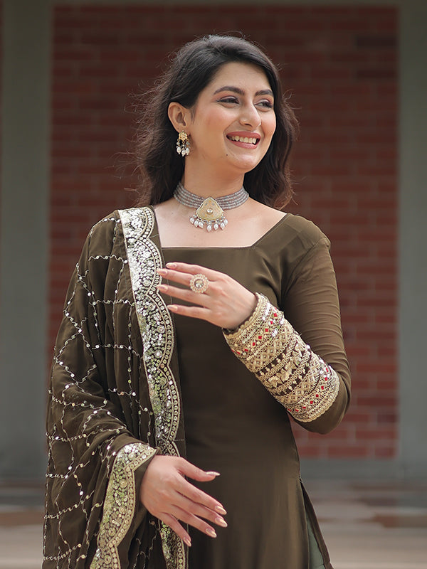 Mehndi Faux Georgette Embroidered Kurta With Sharara & Dupatta