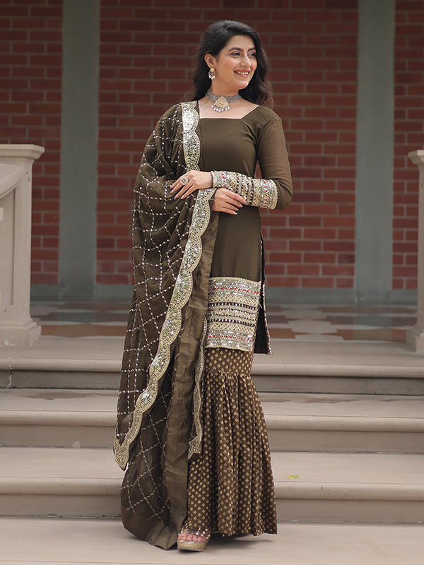 Mehndi Faux Georgette Embroidered Kurta With Sharara & Dupatta