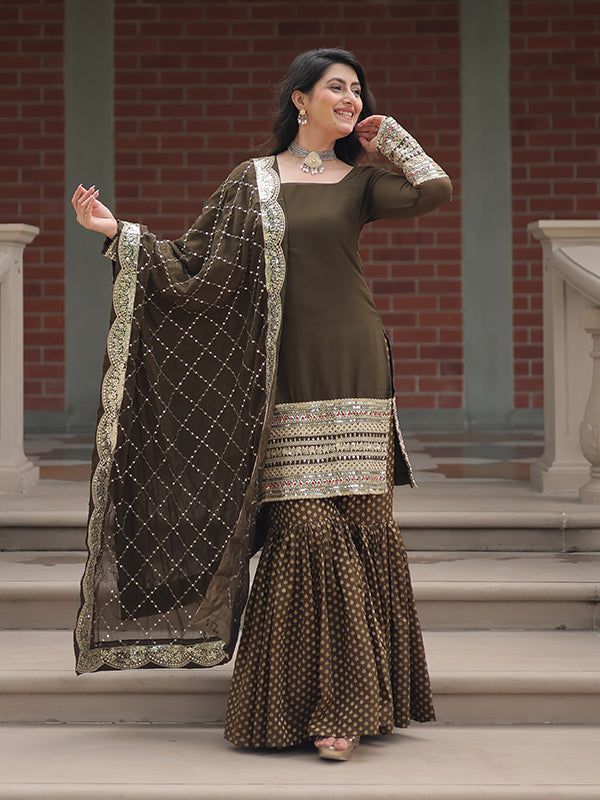 Mehndi Faux Georgette Embroidered Kurta With Sharara & Dupatta