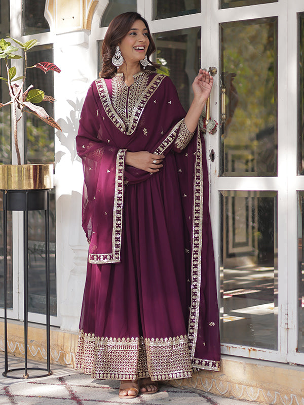 Wine Faux Georgette Rich Sequins Embroidered Gown With Dupatta