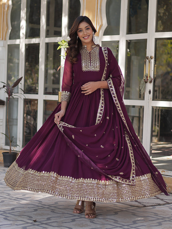 Wine Faux Georgette Rich Sequins Embroidered Gown With Dupatta