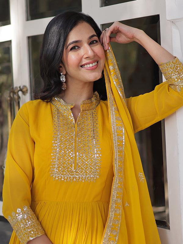 Yellow Faux Georgette Rich Sequins Embroidered Gown With Dupatta