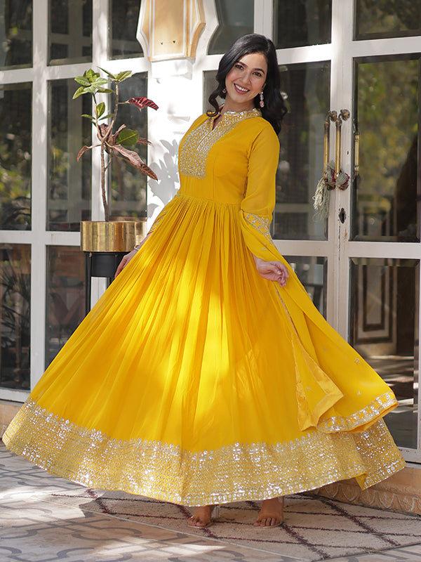 Yellow Faux Georgette Rich Sequins Embroidered Gown With Dupatta