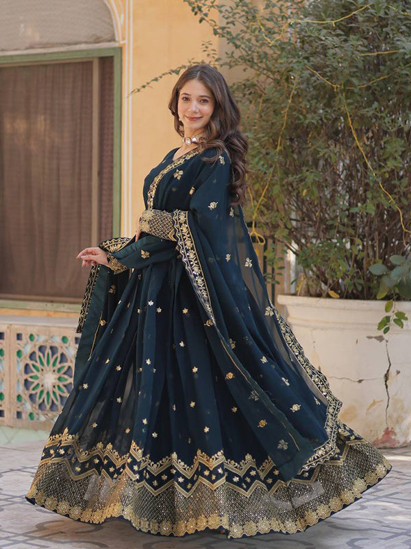 Teal Blue Zari Sequins Embroidery Work Gown With Dupatta
