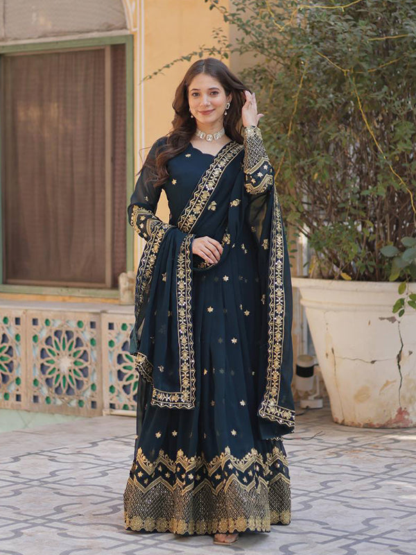 Teal Blue Zari Sequins Embroidery Work Gown With Dupatta