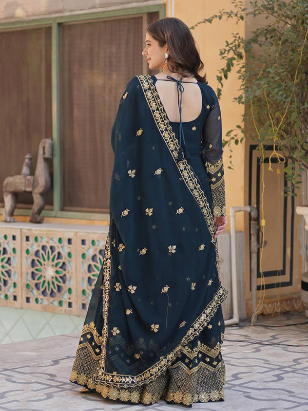 Teal Blue Zari Sequins Embroidery Work Gown With Dupatta