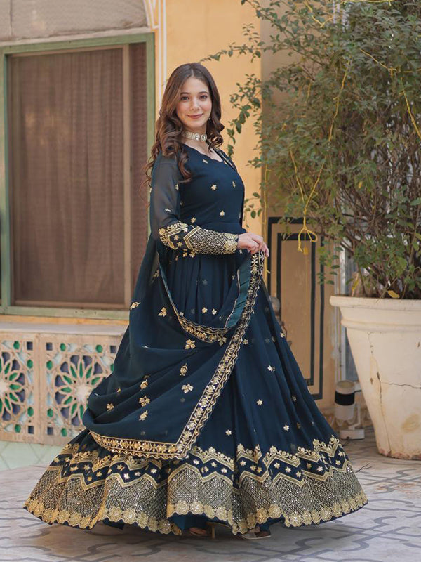 Teal Blue Zari Sequins Embroidery Work Gown With Dupatta