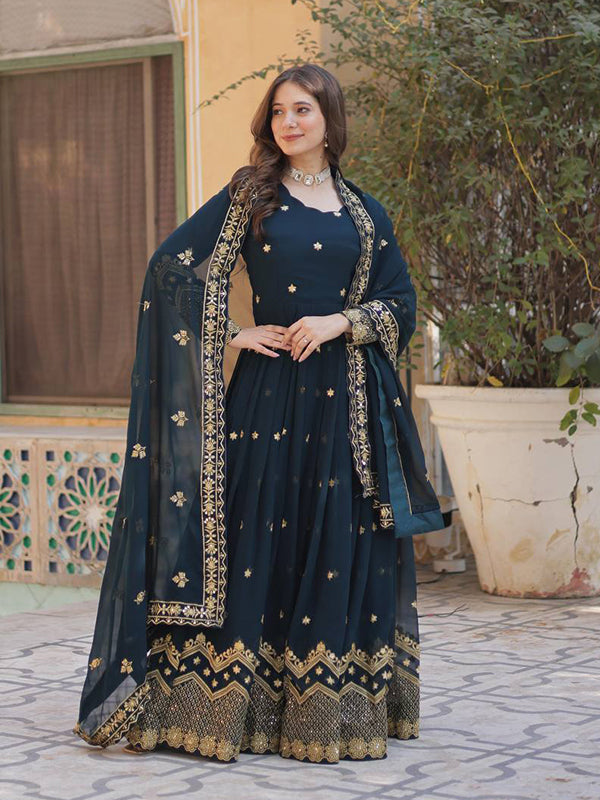 Teal Blue Zari Sequins Embroidery Work Gown With Dupatta