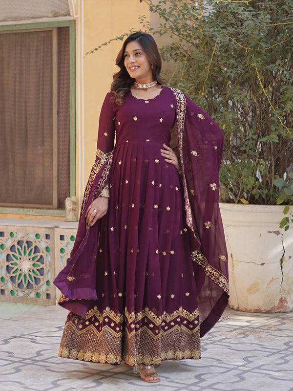 Wine Zari Sequins Embroidery Work Gown With Dupatta