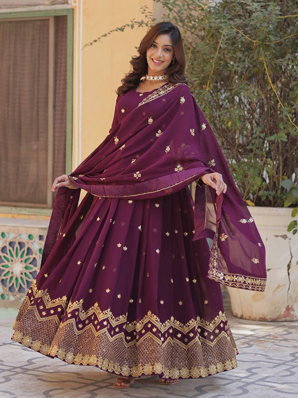 Wine Zari Sequins Embroidery Work Gown With Dupatta