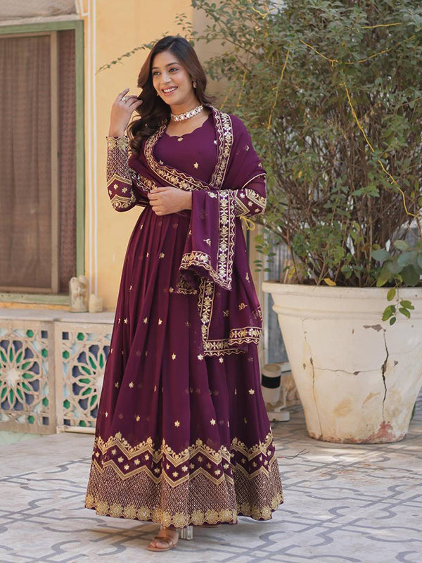Wine Zari Sequins Embroidery Work Gown With Dupatta