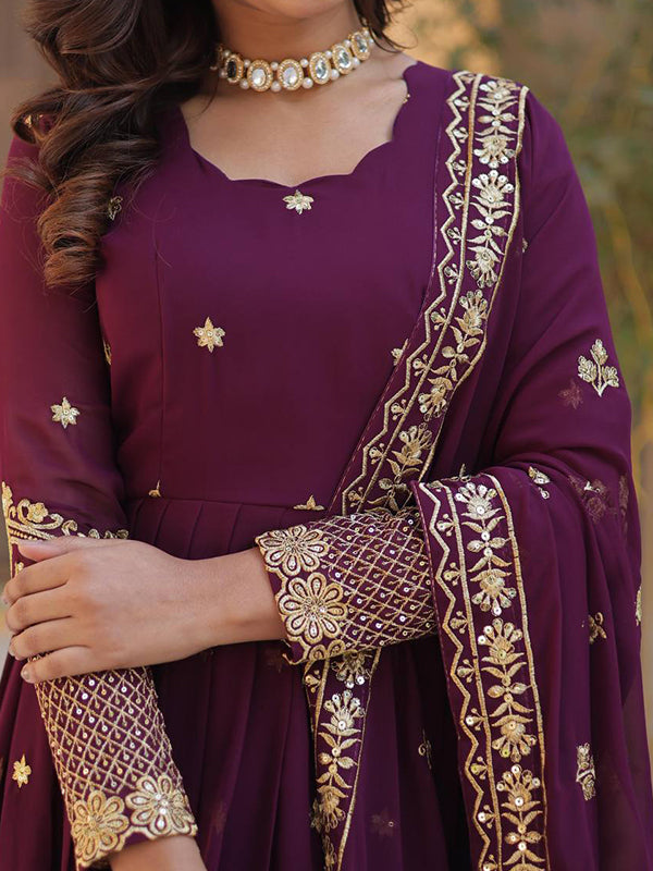 Wine Zari Sequins Embroidery Work Gown With Dupatta
