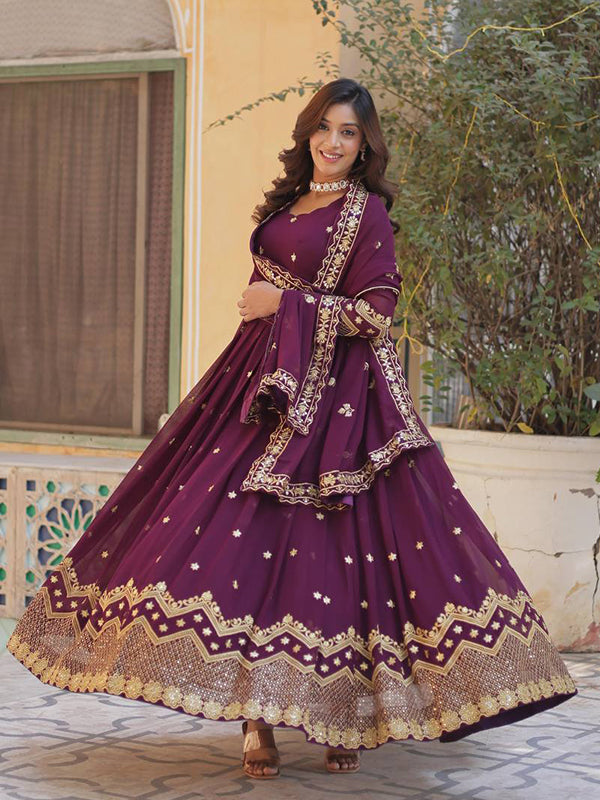 Wine Zari Sequins Embroidery Work Gown With Dupatta