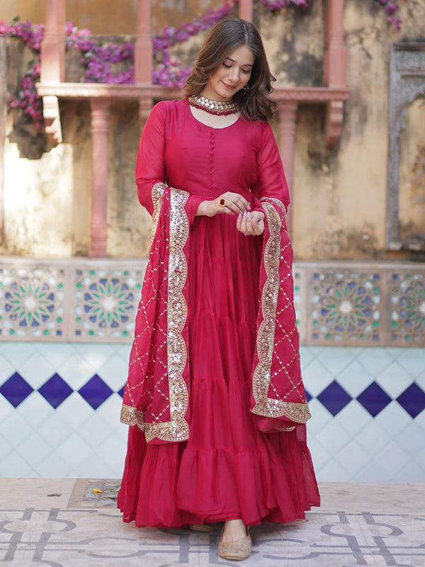 Pink Georgette Fully Flair Gown With Dupatta