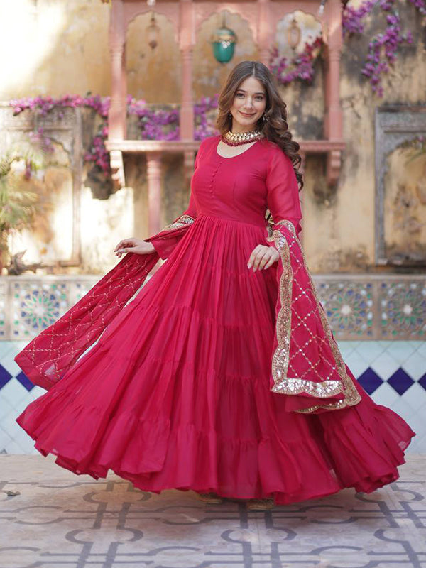 Pink Georgette Fully Flair Gown With Dupatta