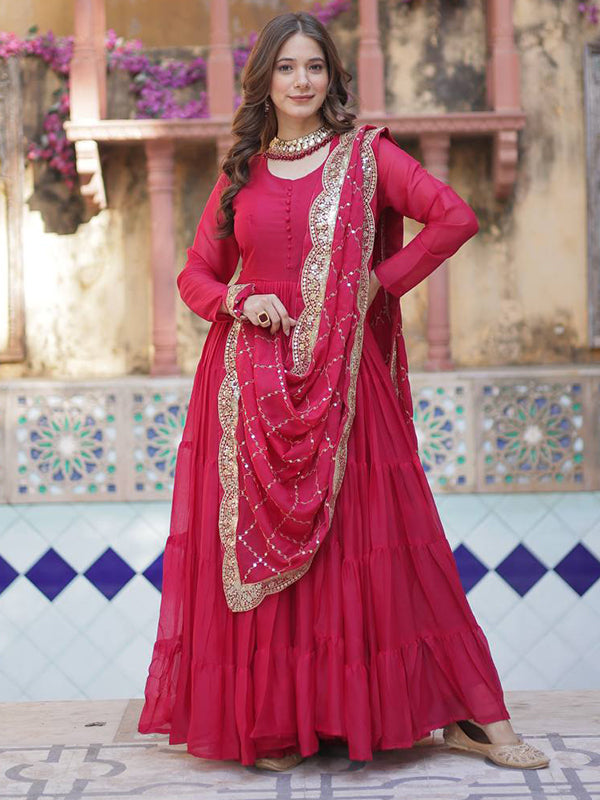 Pink Georgette Fully Flair Gown With Dupatta