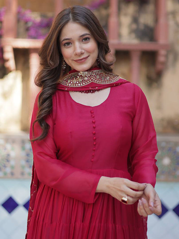 Pink Georgette Fully Flair Gown With Dupatta
