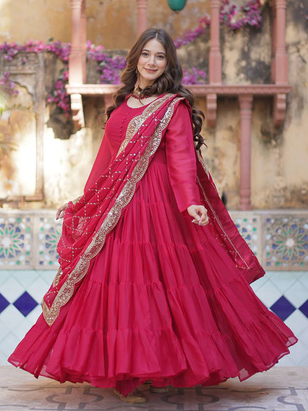 Pink Georgette Fully Flair Gown With Dupatta