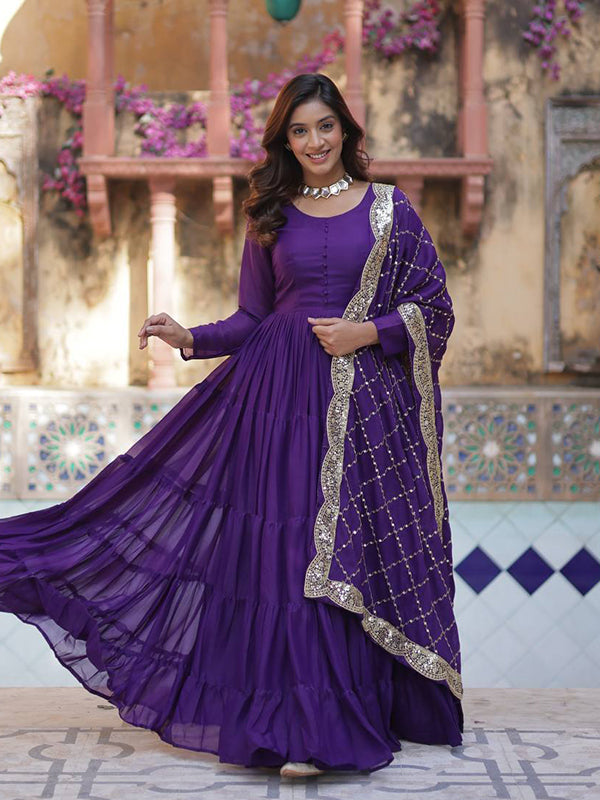 Purple Georgette Fully Flair Gown With Dupatta