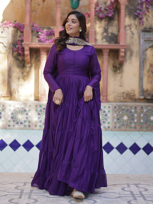 Purple Georgette Fully Flair Gown With Dupatta