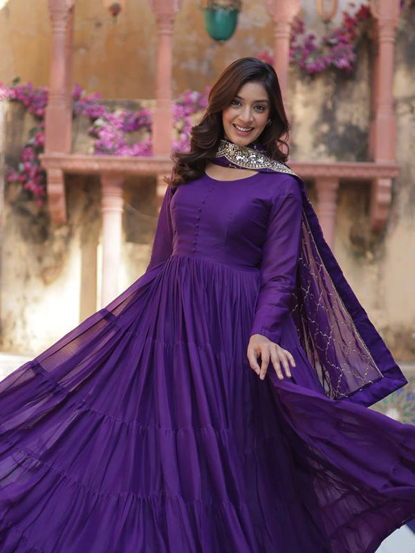 Purple Georgette Fully Flair Gown With Dupatta