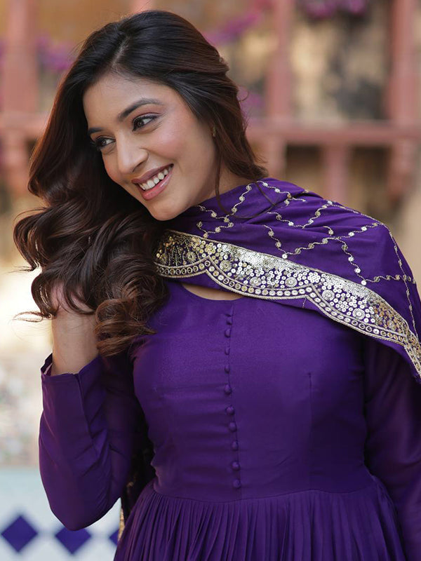 Purple Georgette Fully Flair Gown With Dupatta