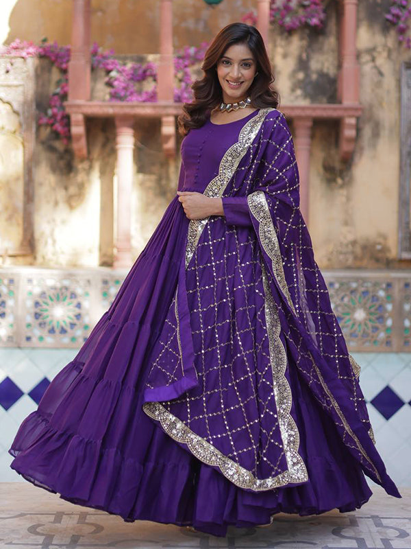 Purple Georgette Fully Flair Gown With Dupatta