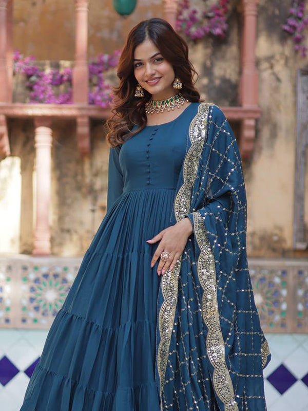 Teal Blue Georgette Fully Flair Gown With Dupatta