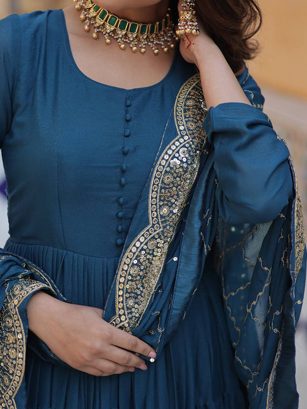 Teal Blue Georgette Fully Flair Gown With Dupatta