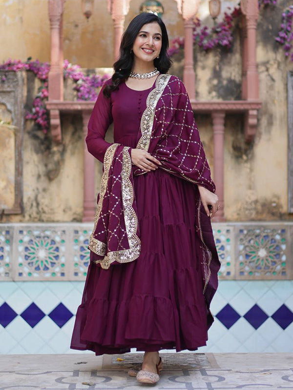 Wine Georgette Fully Flair Gown With Dupatta
