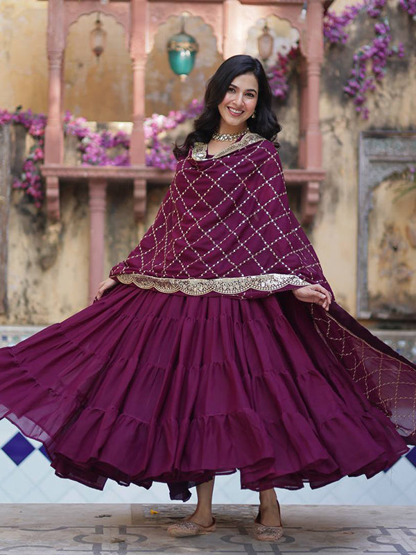 Wine Georgette Fully Flair Gown With Dupatta