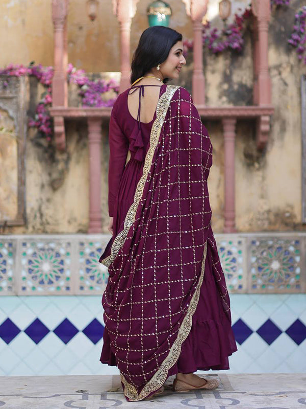 Wine Georgette Fully Flair Gown With Dupatta