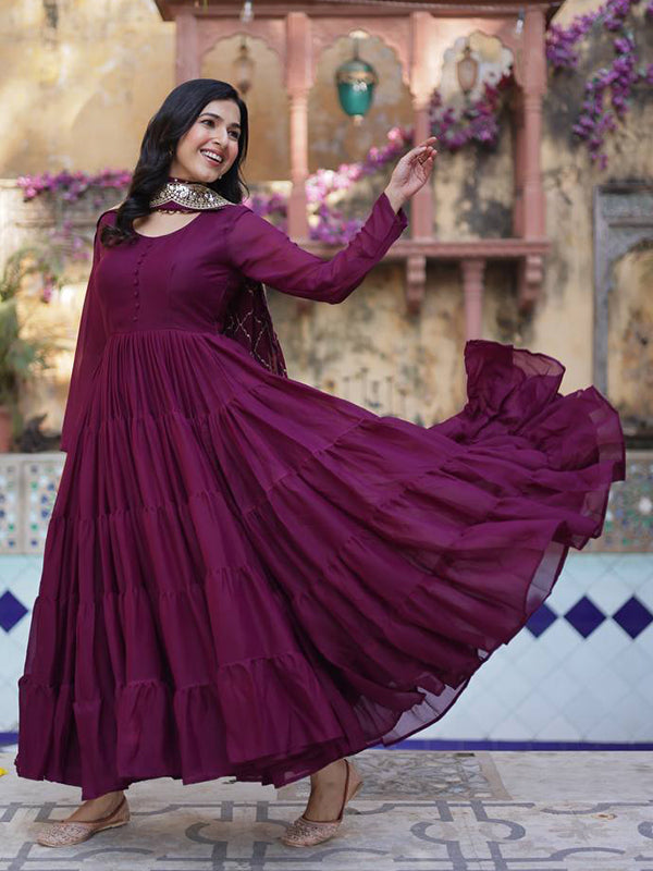 Wine Georgette Fully Flair Gown With Dupatta