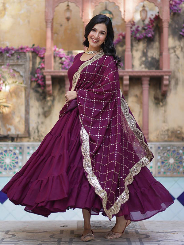 Wine Georgette Fully Flair Gown With Dupatta