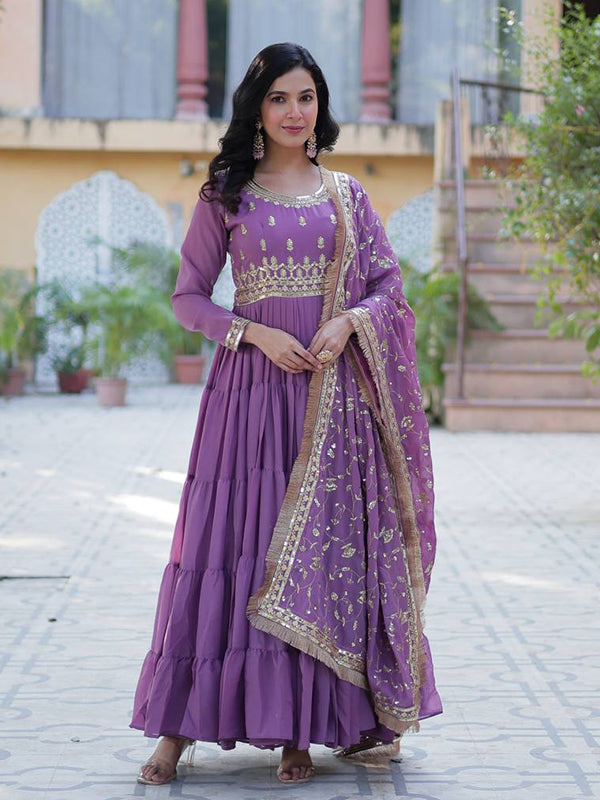 Light Purple Ruffle Style Georgette Gown With Embroidered Work Dupatta