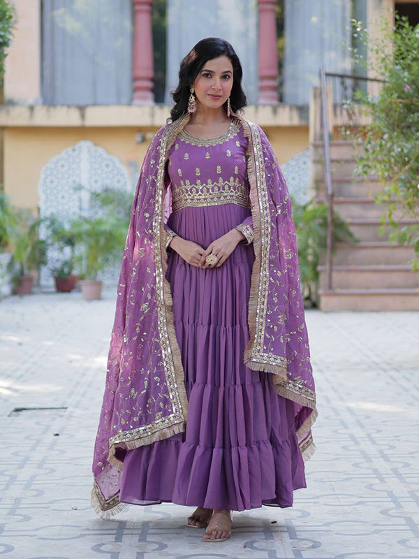 Light Purple Ruffle Style Georgette Gown With Embroidered Work Dupatta