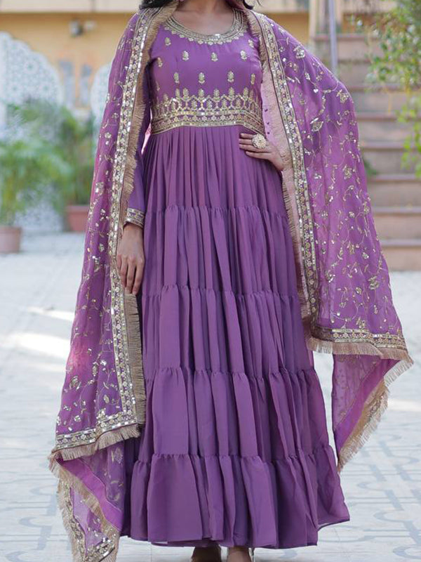 Light Purple Ruffle Style Georgette Gown With Embroidered Work Dupatta