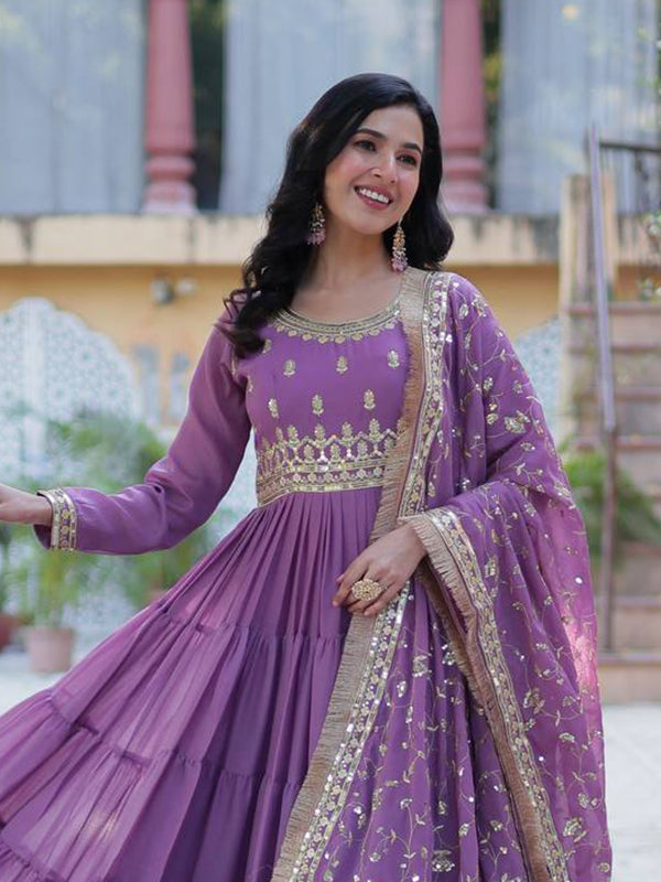 Light Purple Ruffle Style Georgette Gown With Embroidered Work Dupatta