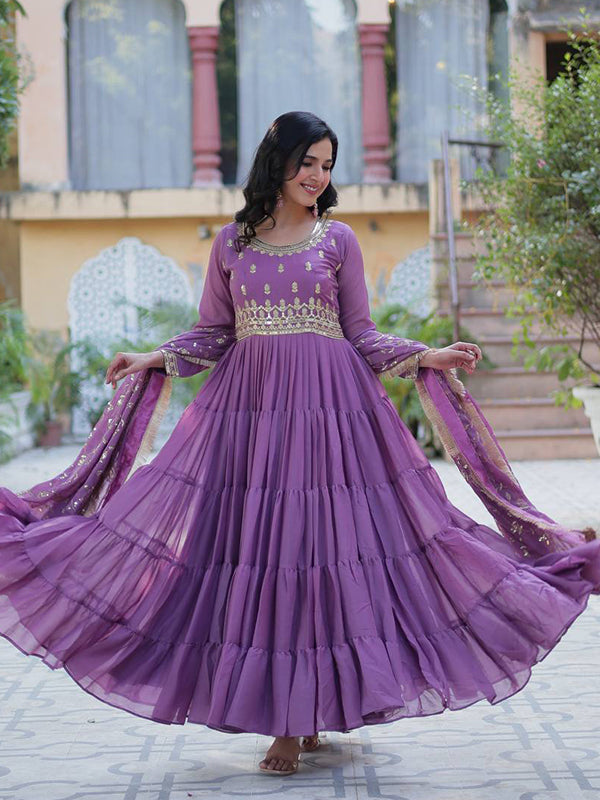 Light Purple Ruffle Style Georgette Gown With Embroidered Work Dupatta