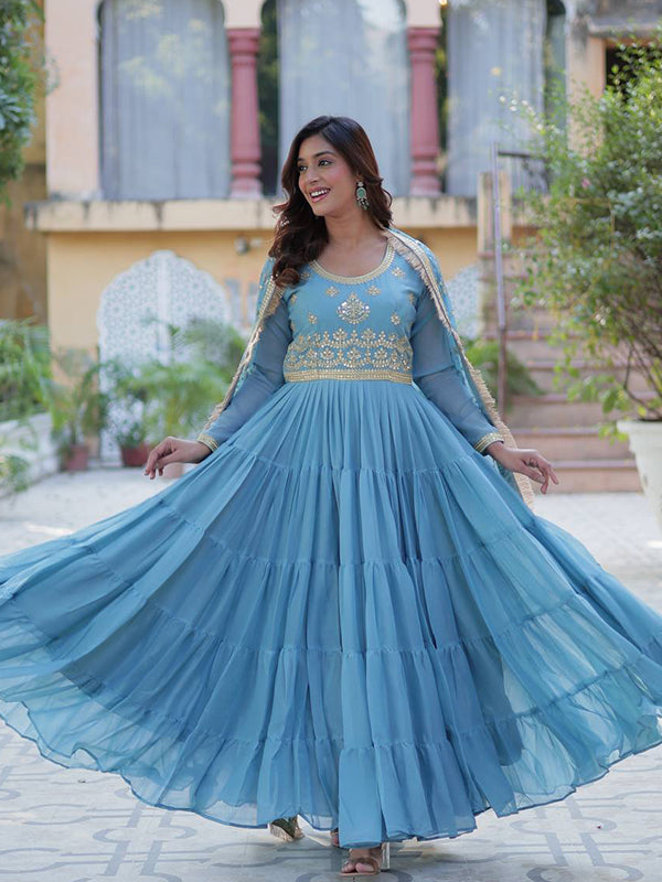 Sky Blue Ruffle Style Georgette Gown With Embroidered Work Dupatta